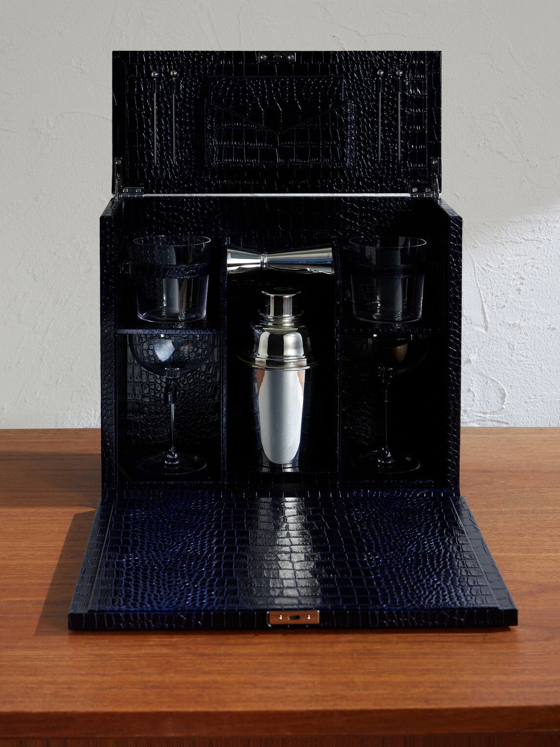 Smythson - Silver-Plated and Croc-Effect Leather Cocktail Set