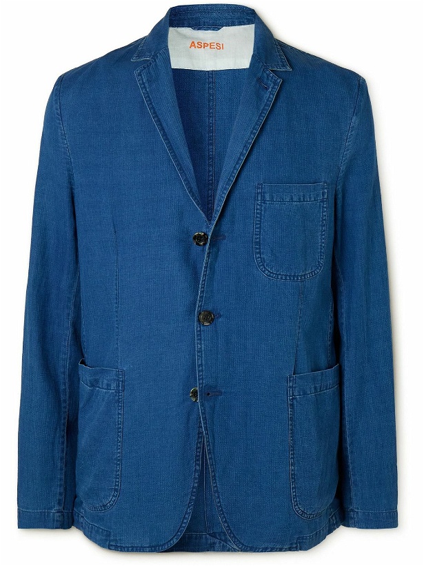 Photo: Aspesi - Samuraki Unstructured Convertible-Collar Herringbone Cotton Blazer - Blue
