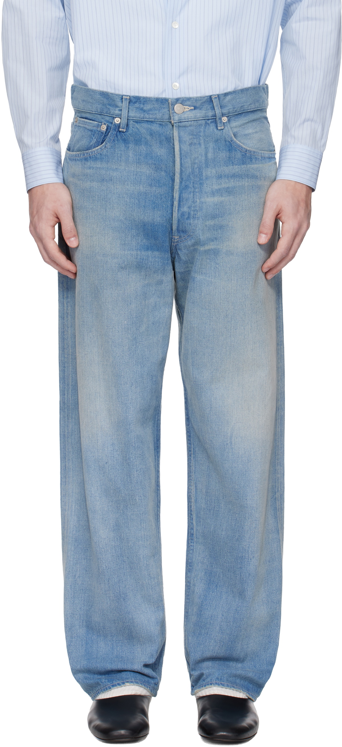 AURALEE Blue Selvedge Faded Light Wide Jeans Auralee