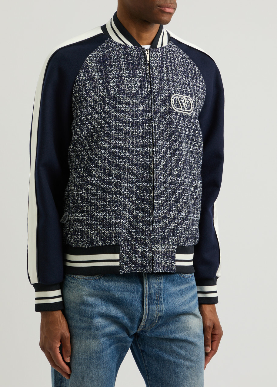 Valentino Panelled Tweed Bomber Jacket Blue And White