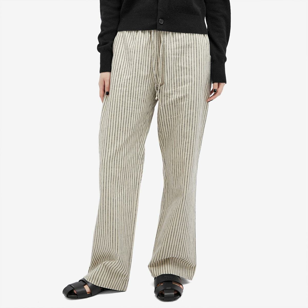 DONNI. Women's Linen Stripe Drawstring Pant in Stone Stripe