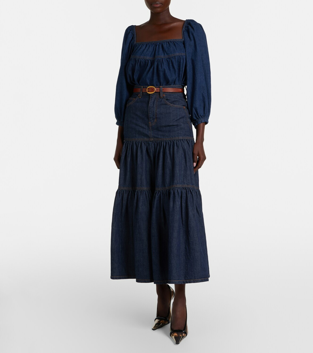 Saint Laurent Tiered denim maxi skirt