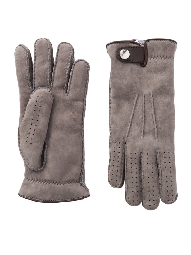 Photo: Brunello Cucinelli - Leather-Trimmed Suede Gloves - Gray