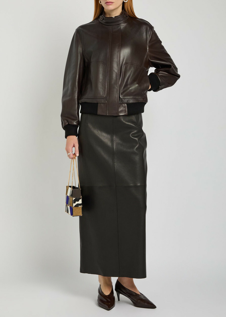 Nour Hammour Rios Leather Bomber Jacket Dark Brown