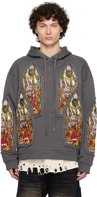 Photo: Who Decides War Gray Flame Glass Embroidered Hoodie