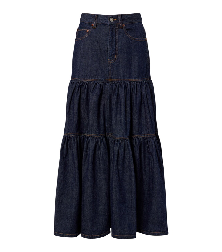 Photo: Saint Laurent Tiered denim maxi skirt