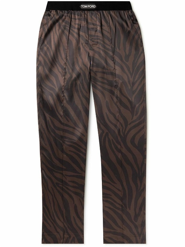 Photo: TOM FORD - Straight-Leg Velvet-Trimmed Printed Silk-Blend Pyjama Trousers - Brown