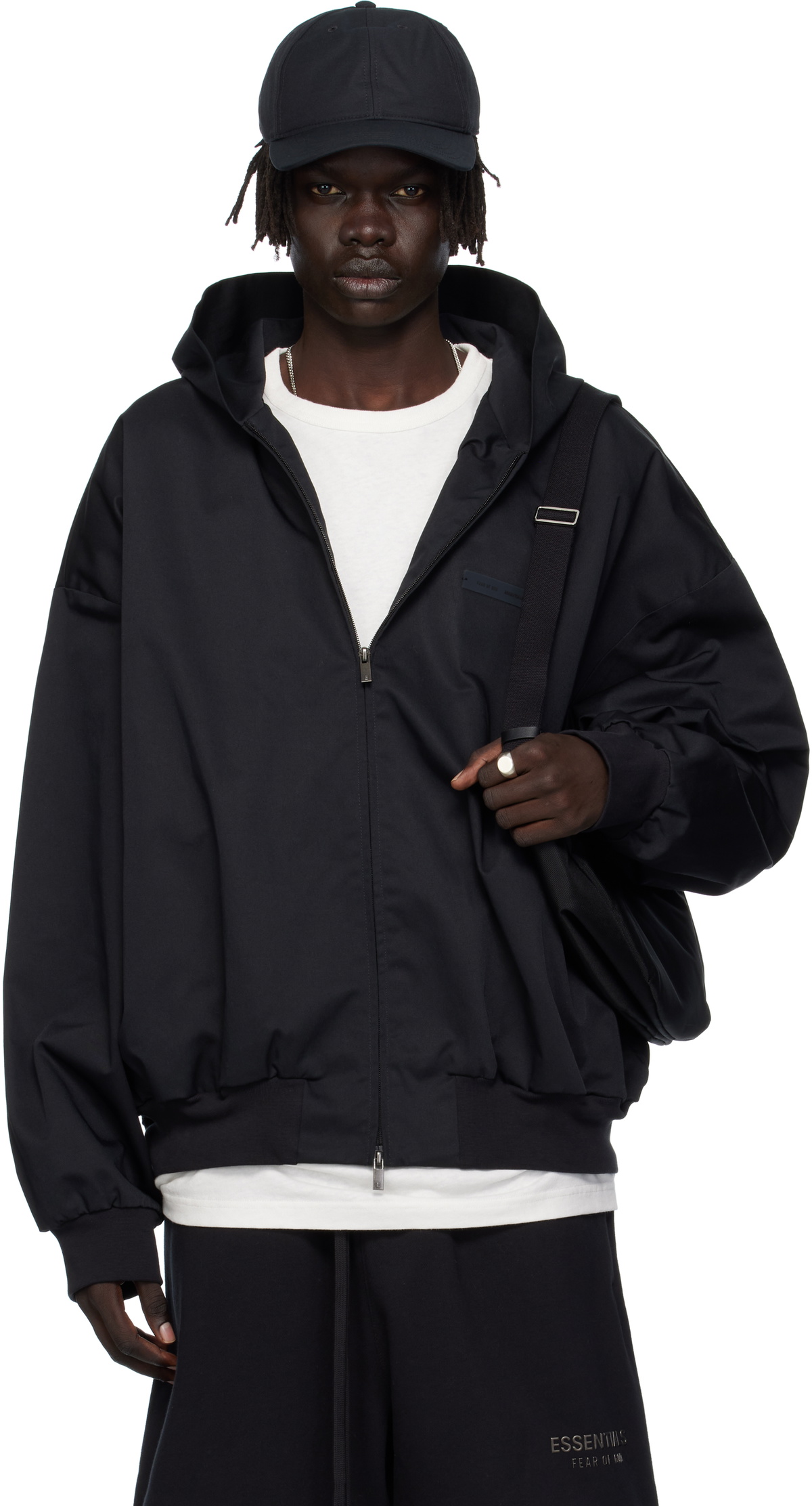 Fear of God ESSENTIALS Black Twill Hooded Bomber Jacket