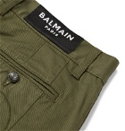 Balmain - Skinny-Fit Logo-Flocked Cotton-Blend Twill Chinos - Green
