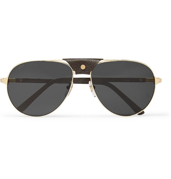 Photo: Cartier Eyewear - Aviator-Style Leather-Trimmed Gold-Tone Sunglasses - Gold