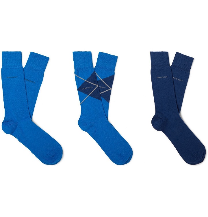 Photo: HUGO BOSS - Three-Pack Stretch-Cotton Blend Socks - Blue