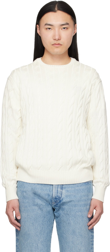 Photo: Ralph Lauren Purple Label White Cotton Silk Cable Crewneck Sweater