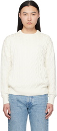 Ralph Lauren Purple Label White Cotton Silk Cable Crewneck Sweater