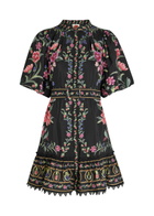 Farm Rio Belle Garden Floral-print Cotton-blend Mini Dress Black