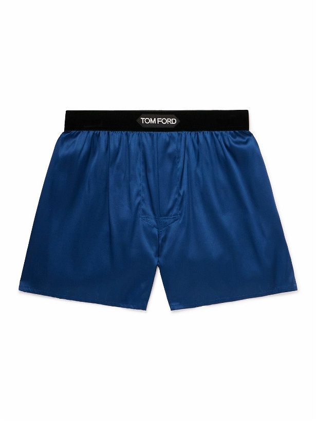 Photo: TOM FORD - Velvet-Trimmed Stretch-Silk Satin Boxer Shorts - Blue