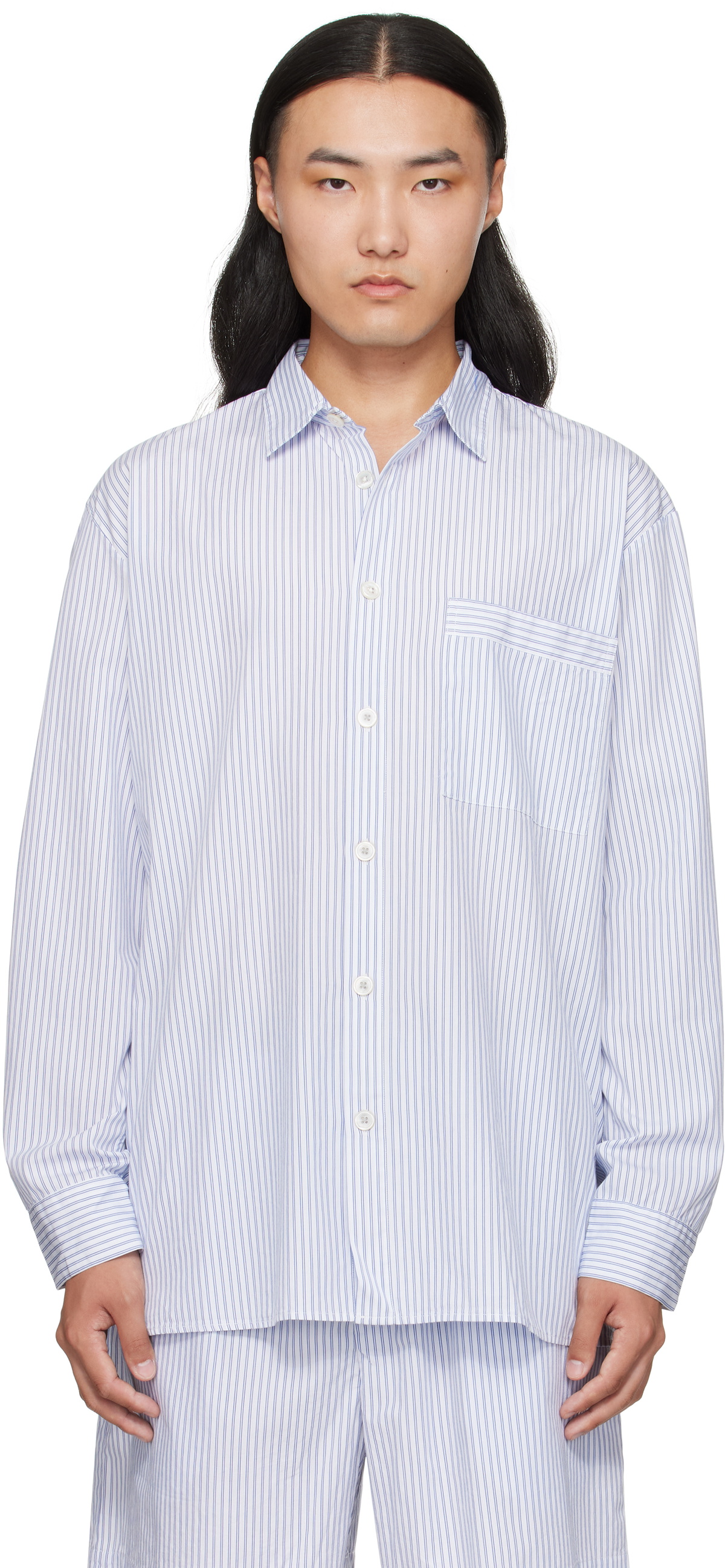 Tekla White & Blue Poplin Long-Sleeved Pyjama Shirt