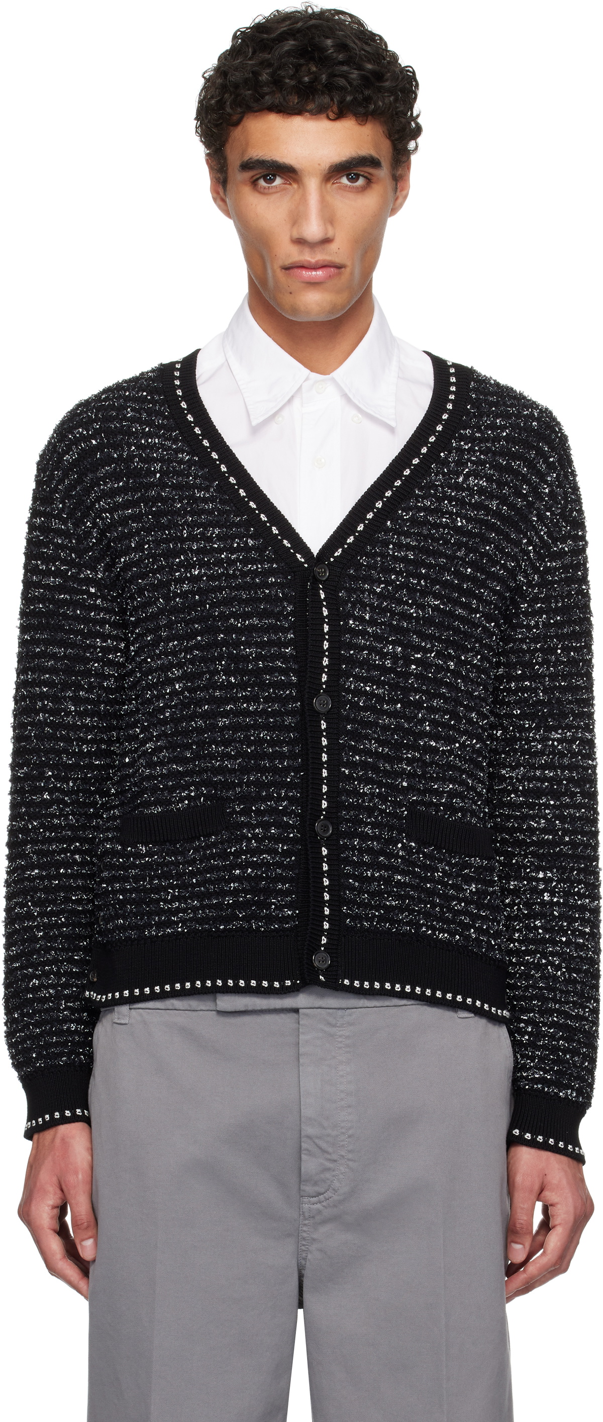 Thom Browne Black Eyelash Tweed Jacquard V Neck Cardigan Thom Browne