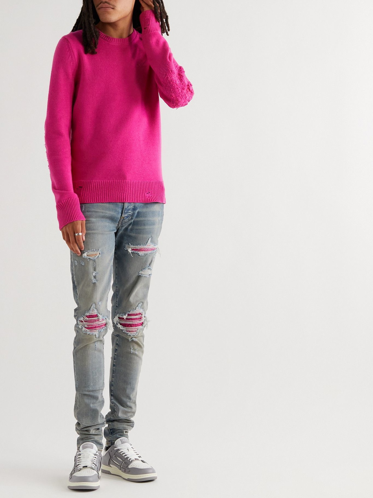 AMIRI Slim Fit Distressed Cashmere and Wool Blend Sweater Pink