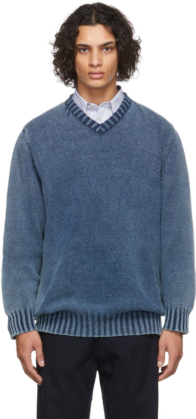 Photo: Maison Margiela Blue Cotton V-Neck Sweater