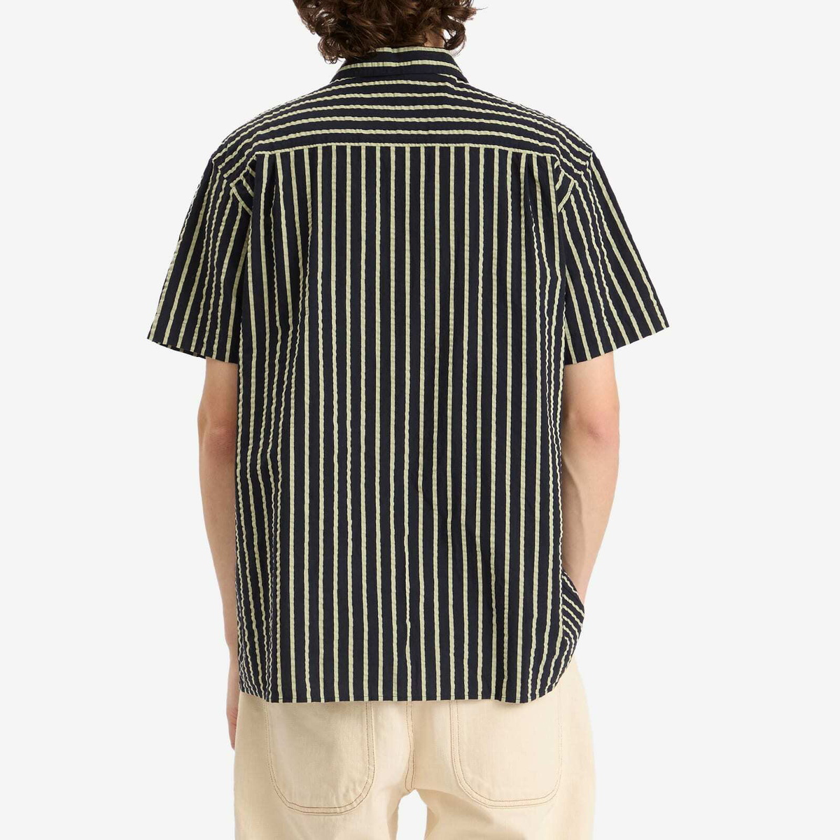 YMC Men's Malick Seersucker Stripe Vacation Shirt in Navy/Yellow