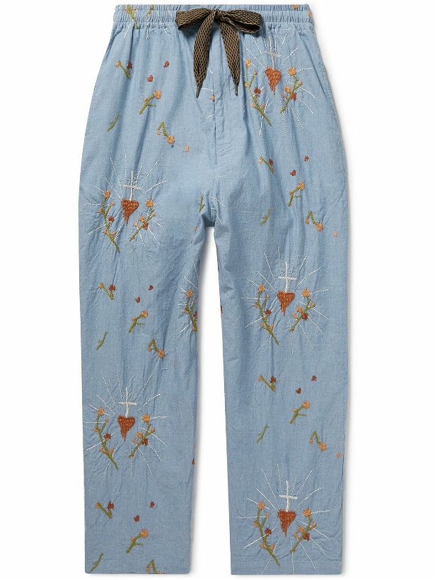 Photo: KAPITAL - Wide-Leg Embroidered Cotton-Chambray Drawstring Trousers - Blue