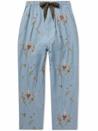 KAPITAL - Wide-Leg Embroidered Cotton-Chambray Drawstring Trousers - Blue