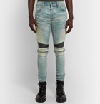 AMIRI - MX2 Skinny-Fit Leather-Panelled Distressed Stretch-Denim Jeans - Blue