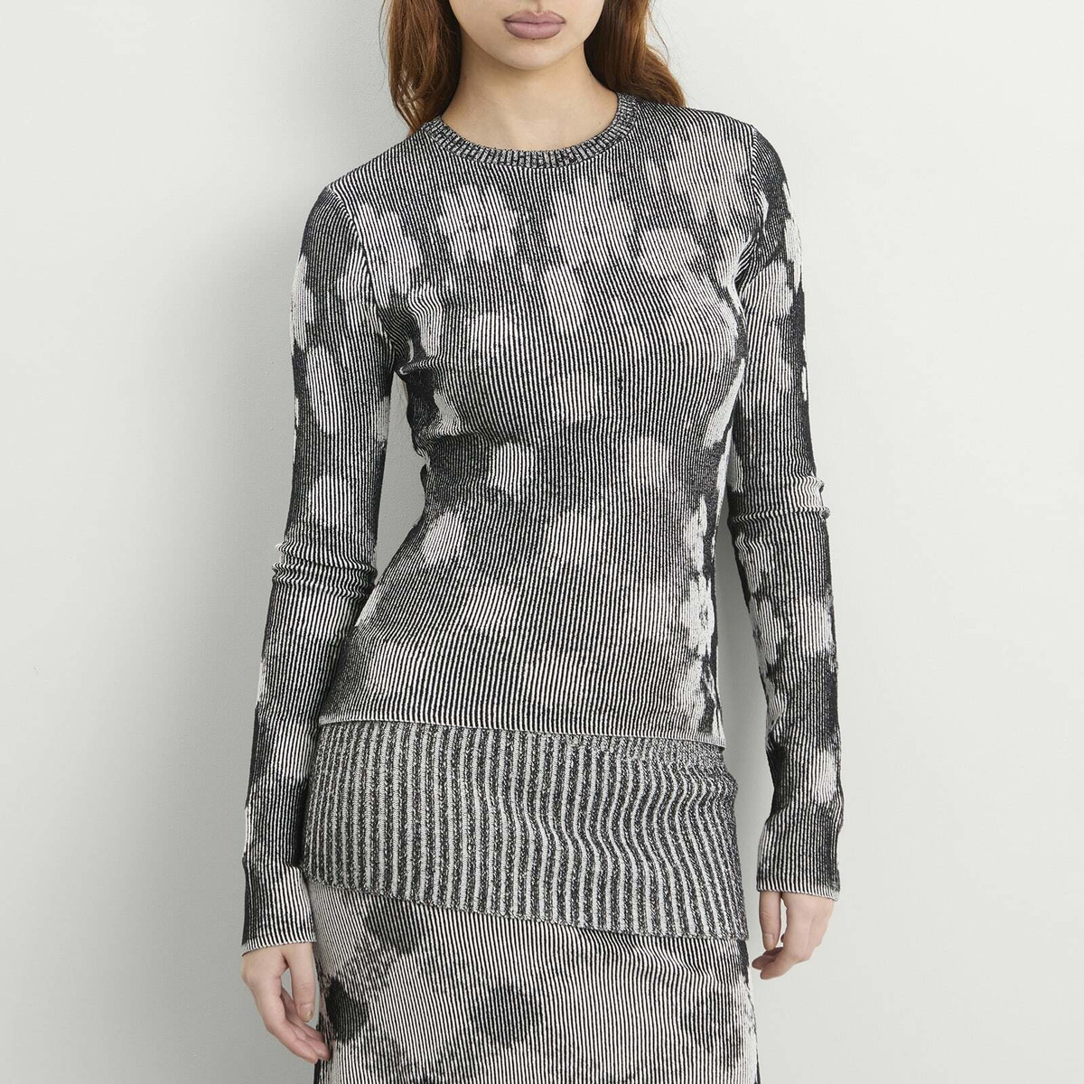 Paolina Russo Women's Illusion Knit Fitted Long Sleeve Top in Black/White