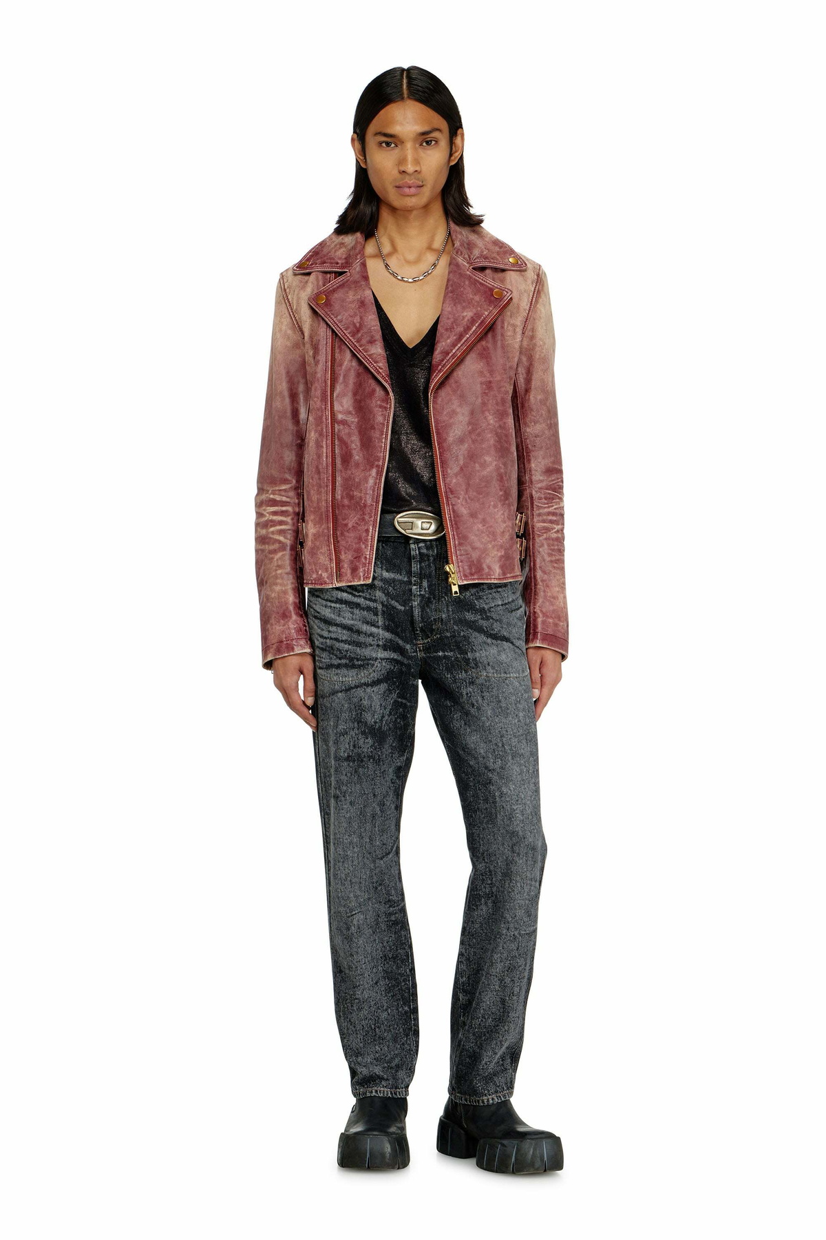 Diesel Biker jacket in treated leather - Leather jackets Mens in Red