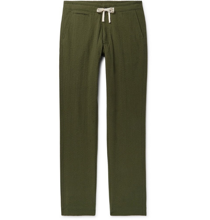 Photo: Freemans Sporting Club - Slim-Fit Cotton-Seersucker Drawstring Trousers - Army green