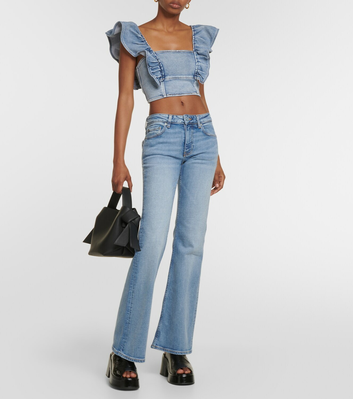 Tシャツ・カットソー GANNI DENIM RUFFLE TOP Ganni Ruffled denim crop top GANNI