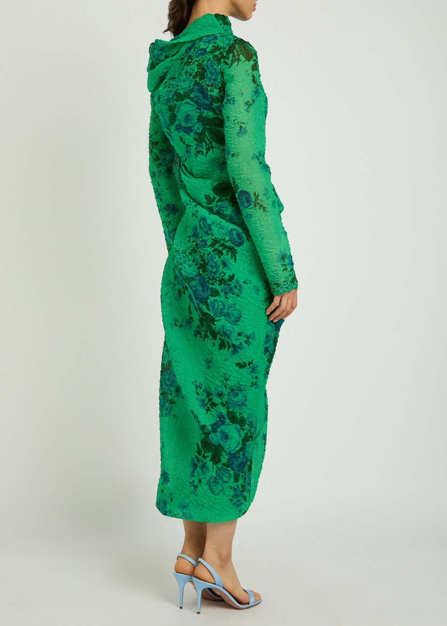 Erdem Floral Draped Cloqué Midi Dress Green