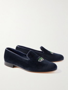 George Cleverley - Albert Leather-Trimmed Embroidered Velvet Loafers - Blue