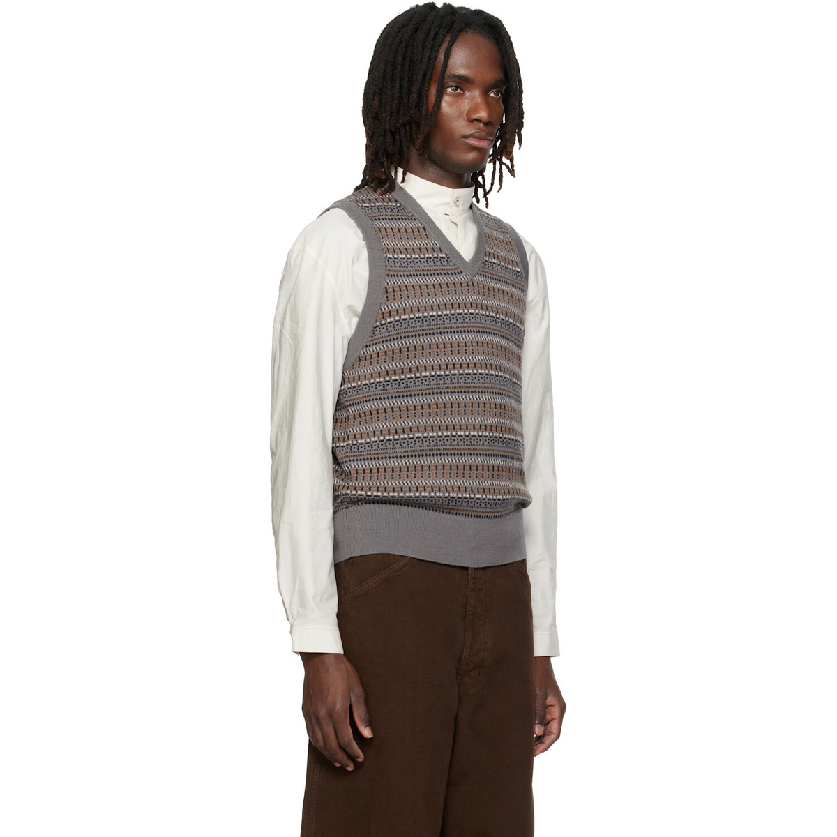 LEMAIRE Gray V-Neck Jacquard Sweater Vest