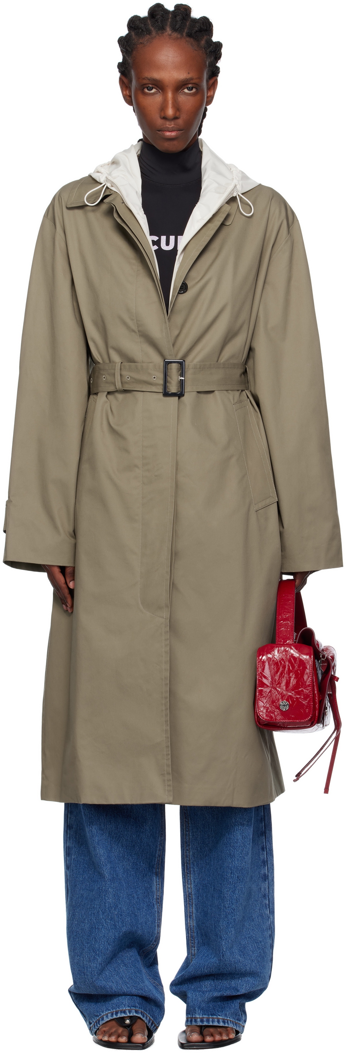 Pushbutton Khaki Hooded Single Trench Coat