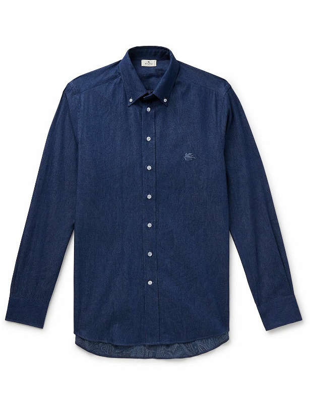 Photo: Etro - Button-Down Collar Logo-Embroidered Cotton-Chambray Shirt - Blue