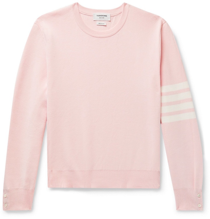 Photo: Thom Browne - Striped Grosgrain-Trimmed Cotton Sweater - Pink