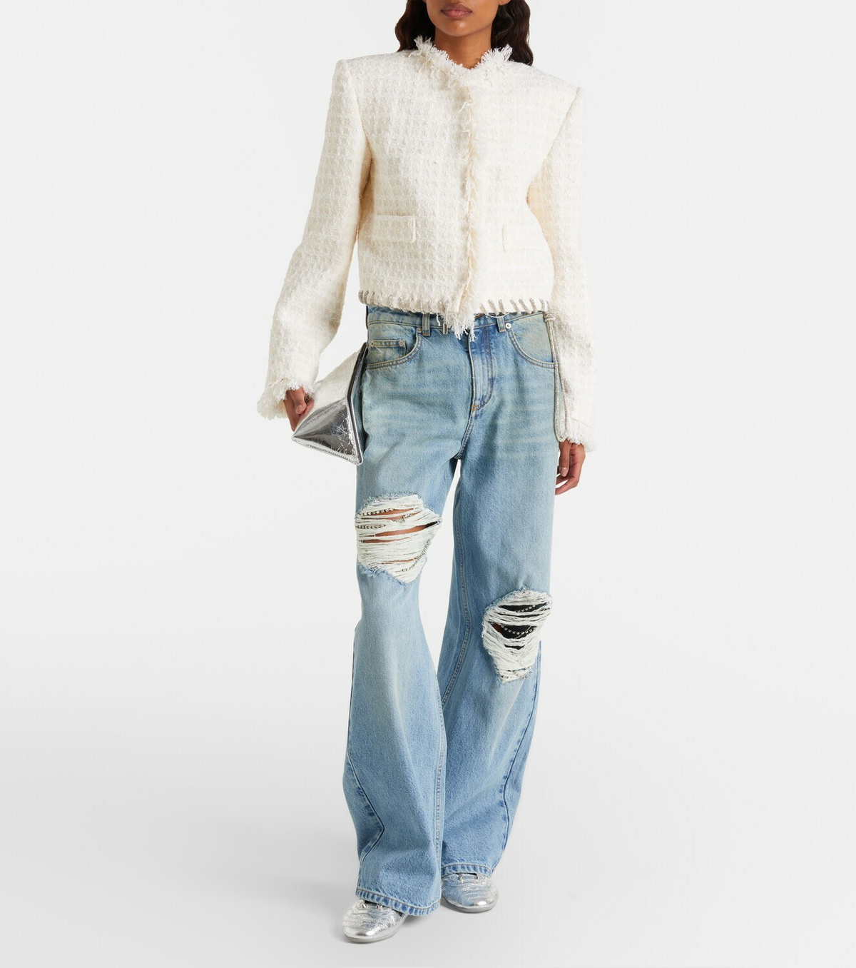Area Distressed embellished wide-leg jeans
