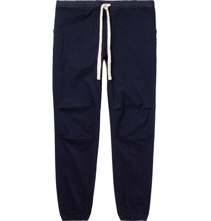 Photo: Beams Plus - Slim-Fit Tapered Grosgrain-Trimmed Cotton-Blend Twill Drawstring Trousers - Blue