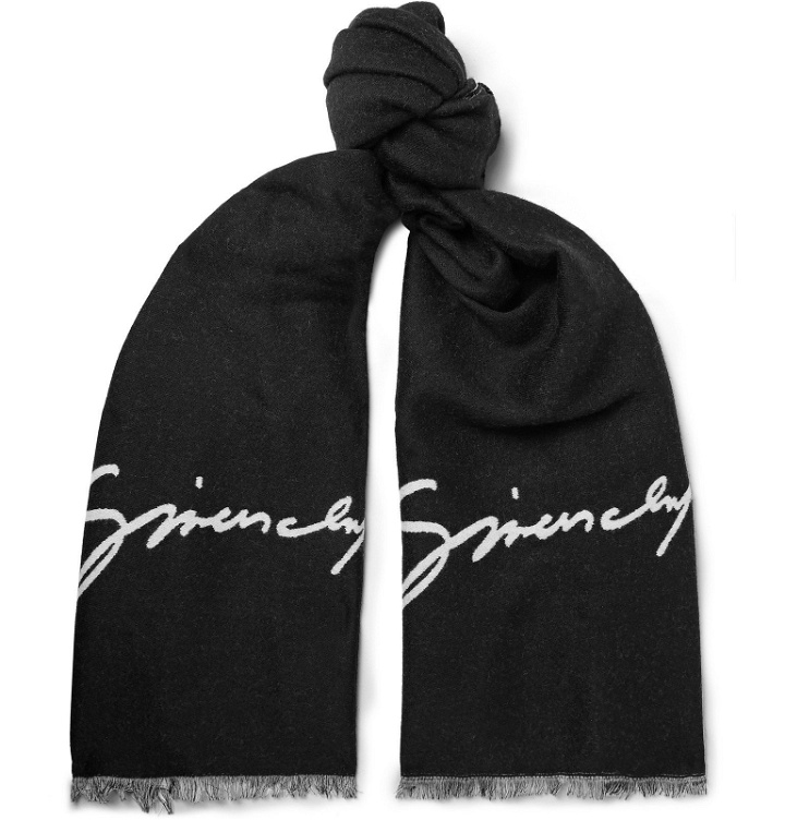 Photo: Givenchy - Fringed Logo-Jacquard Wool and Silk-Blend Scarf - Black