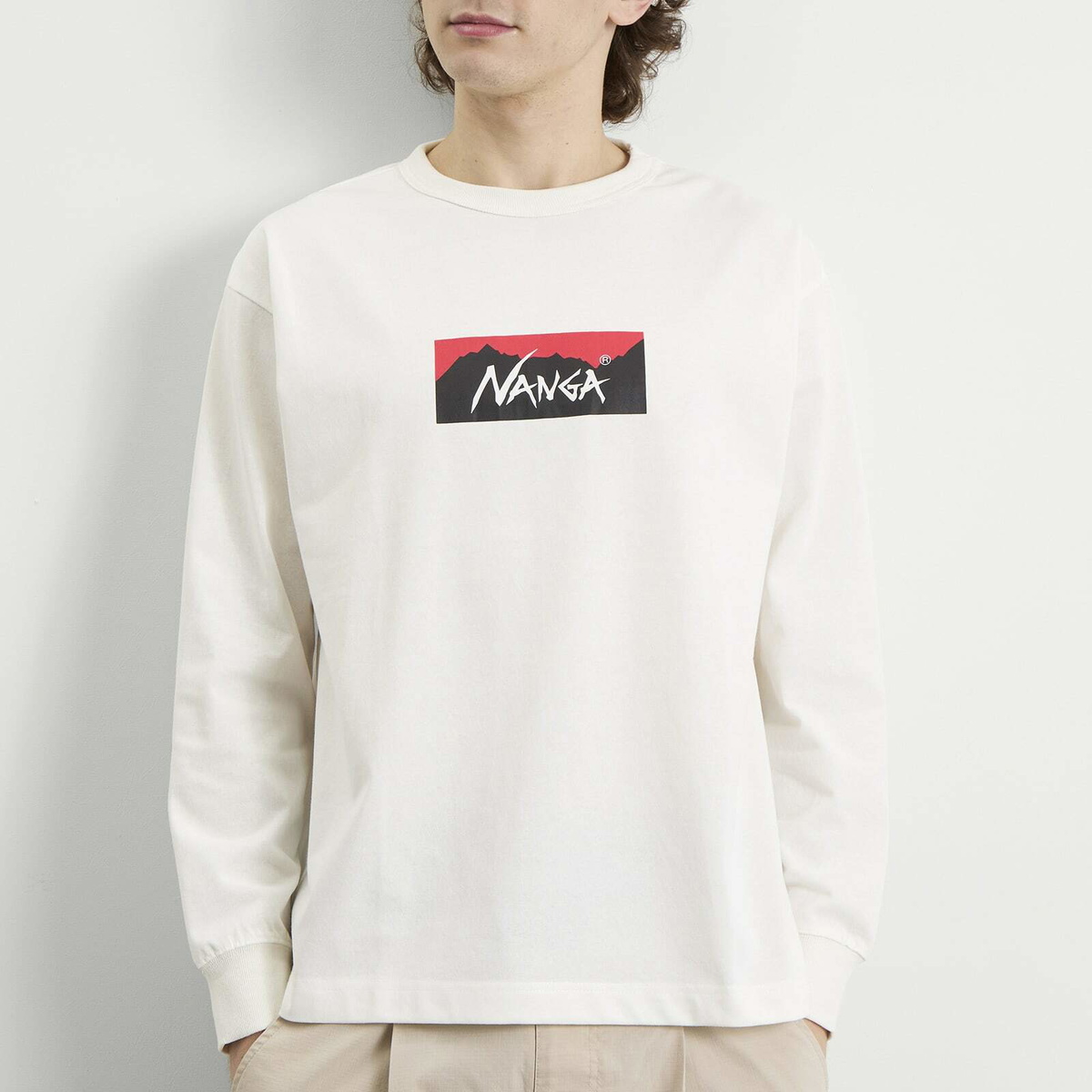 NANGA Men's Eco Hybrid Box Logo Long Sleeve T-Shirt in White