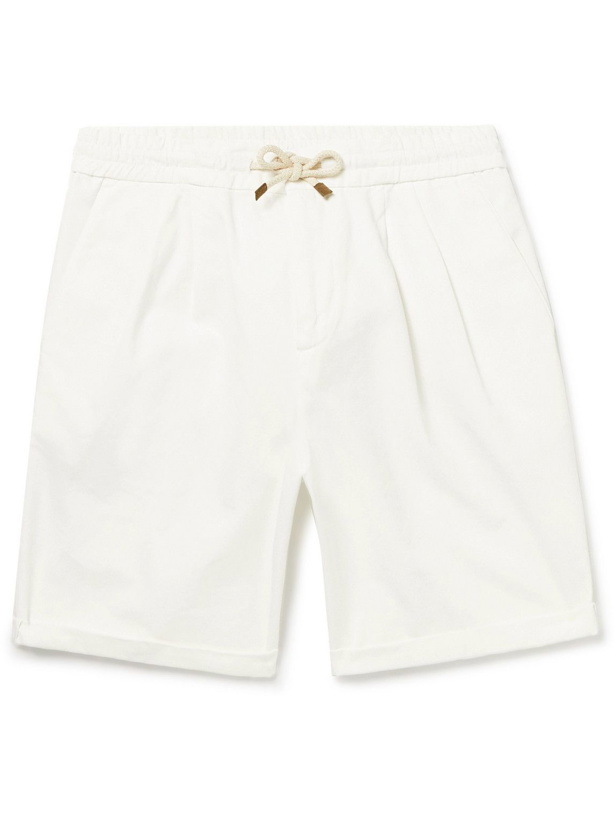 Photo: Brunello Cucinelli - Pleated Cotton-Twill Drawstring Bermuda Shorts - White