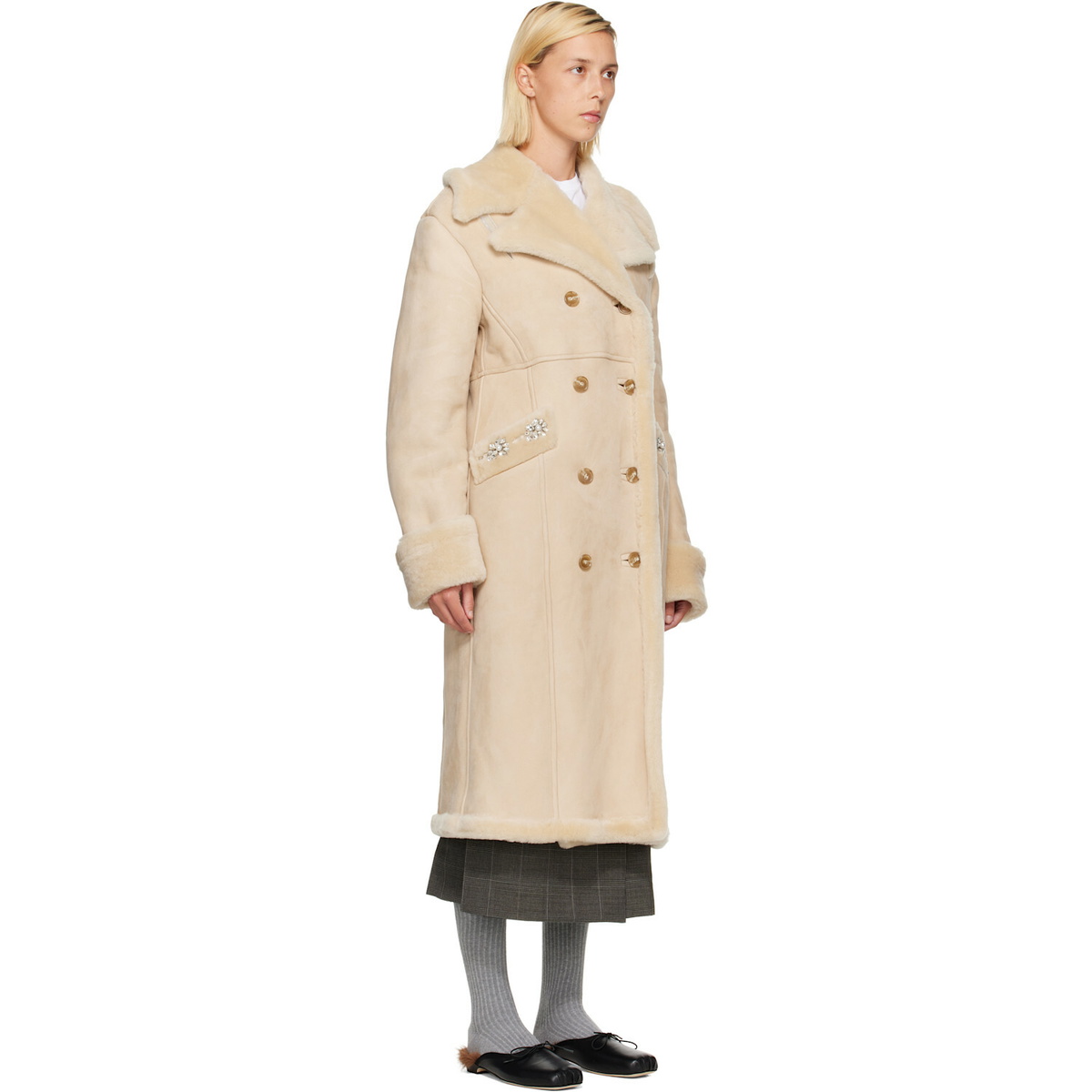 Simone Rocha Beige Embellished Sheepskin Slash Shearling Coat