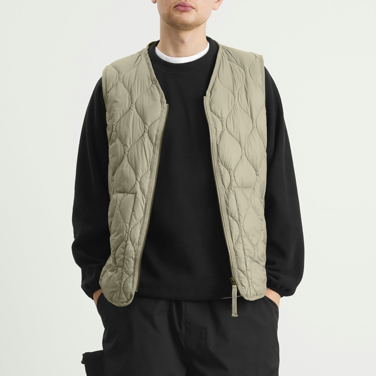 Taion Men's Military V-Neck Zip Softshell Down Vest in Dark Sage Green