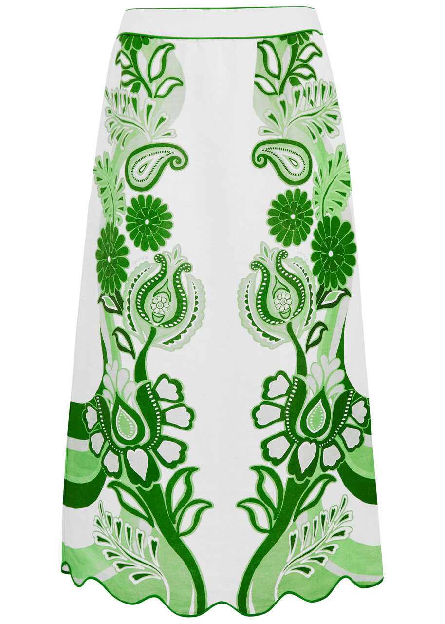 Farm Rio Color Festival Printed Linen Midi Skirt Green Farm Rio