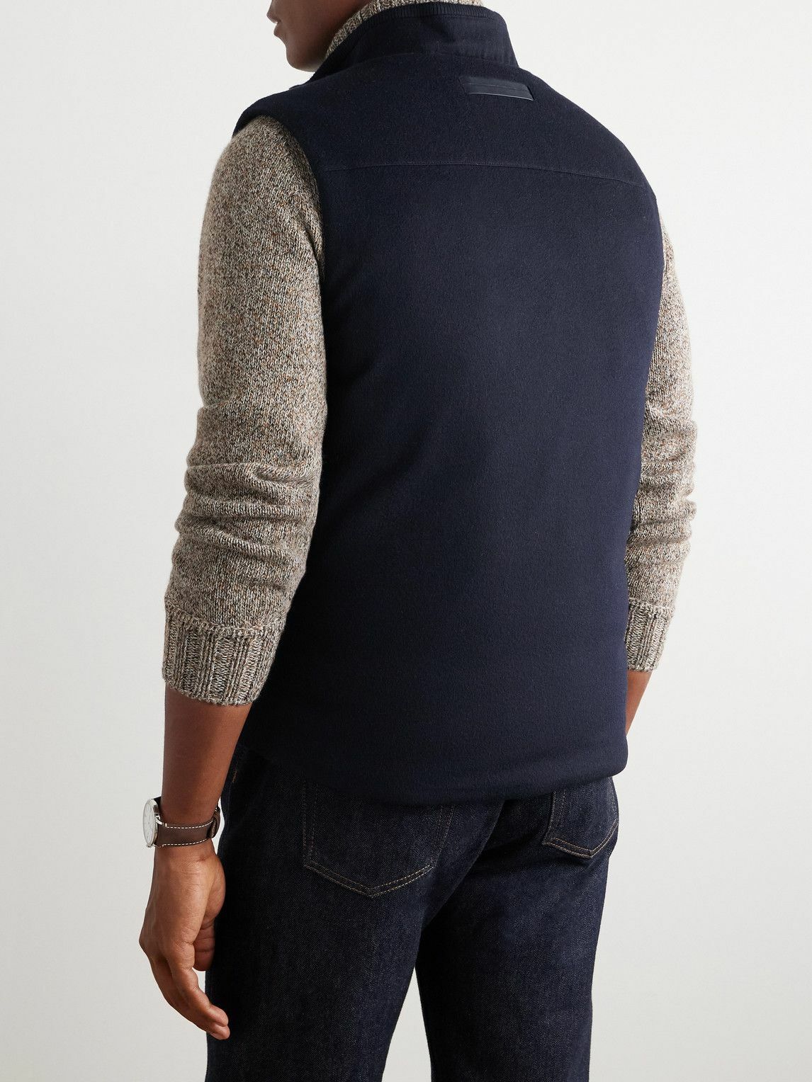 Zegna - Slim-Fit Leather-Trimmed Oasi Cashmere Down Gilet - Blue