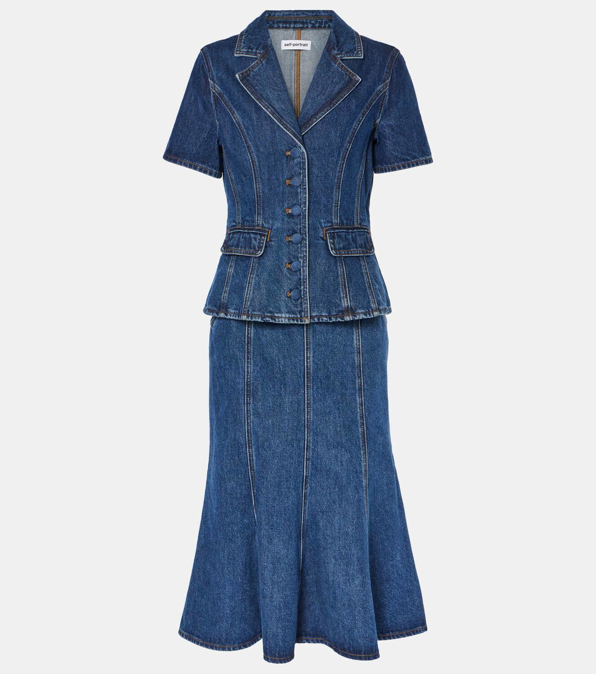 SELF-PORTRAIT ワンピース デニム Flared denim midi 964011 Flared Denim Midi Dress – self-portrait-US
