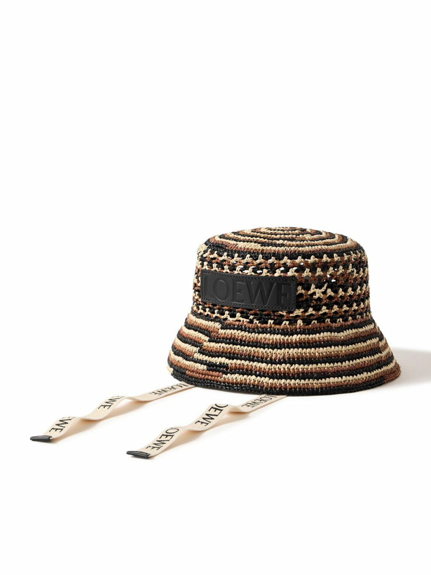 Photo: LOEWE - Paula’s Ibiza Leather and Webbing-Trimmed Striped Raffia Bucket Hat - Brown