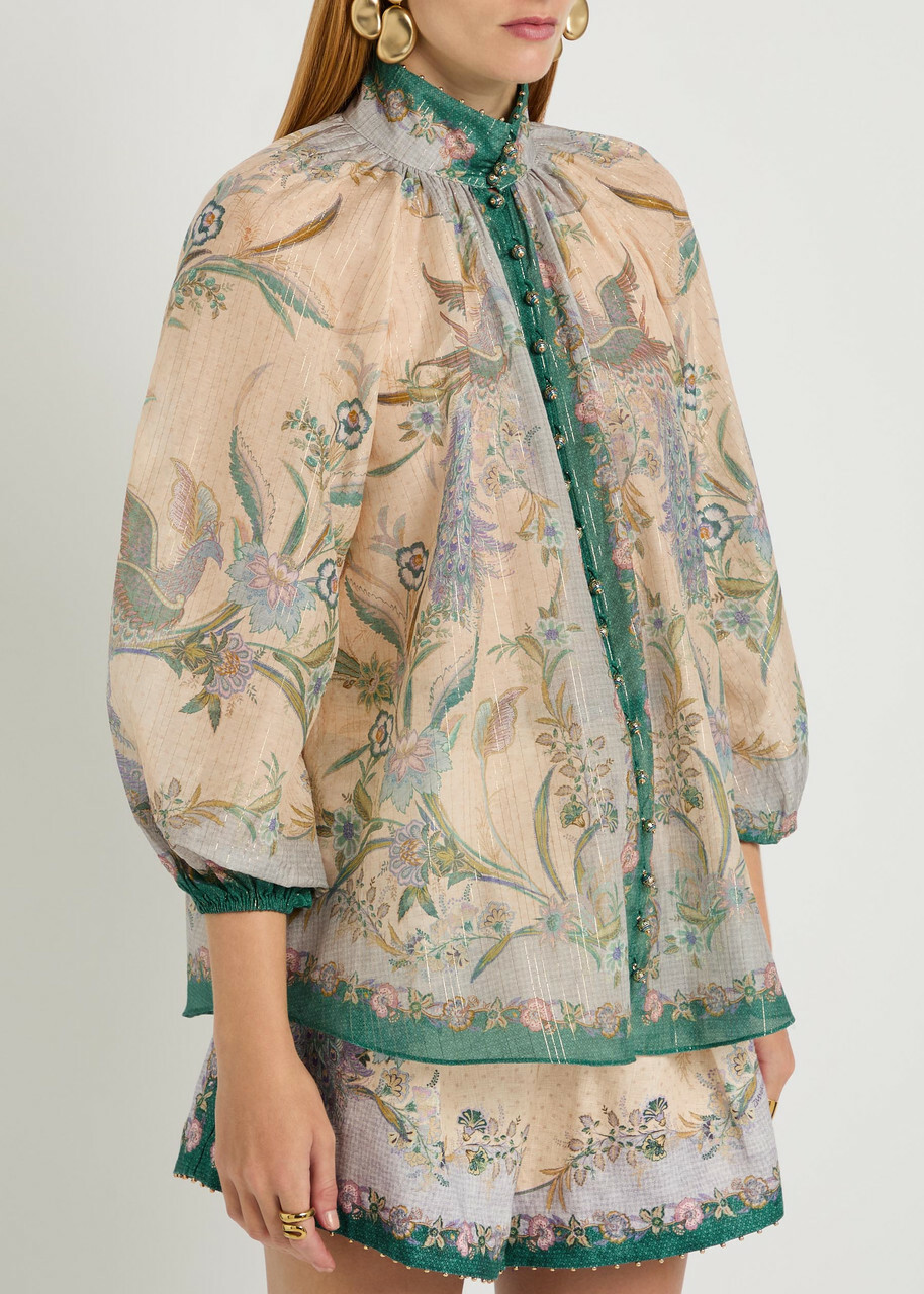 Zimmermann Indra Printed Metallic Cotton and Silk-blend Blouse Cream