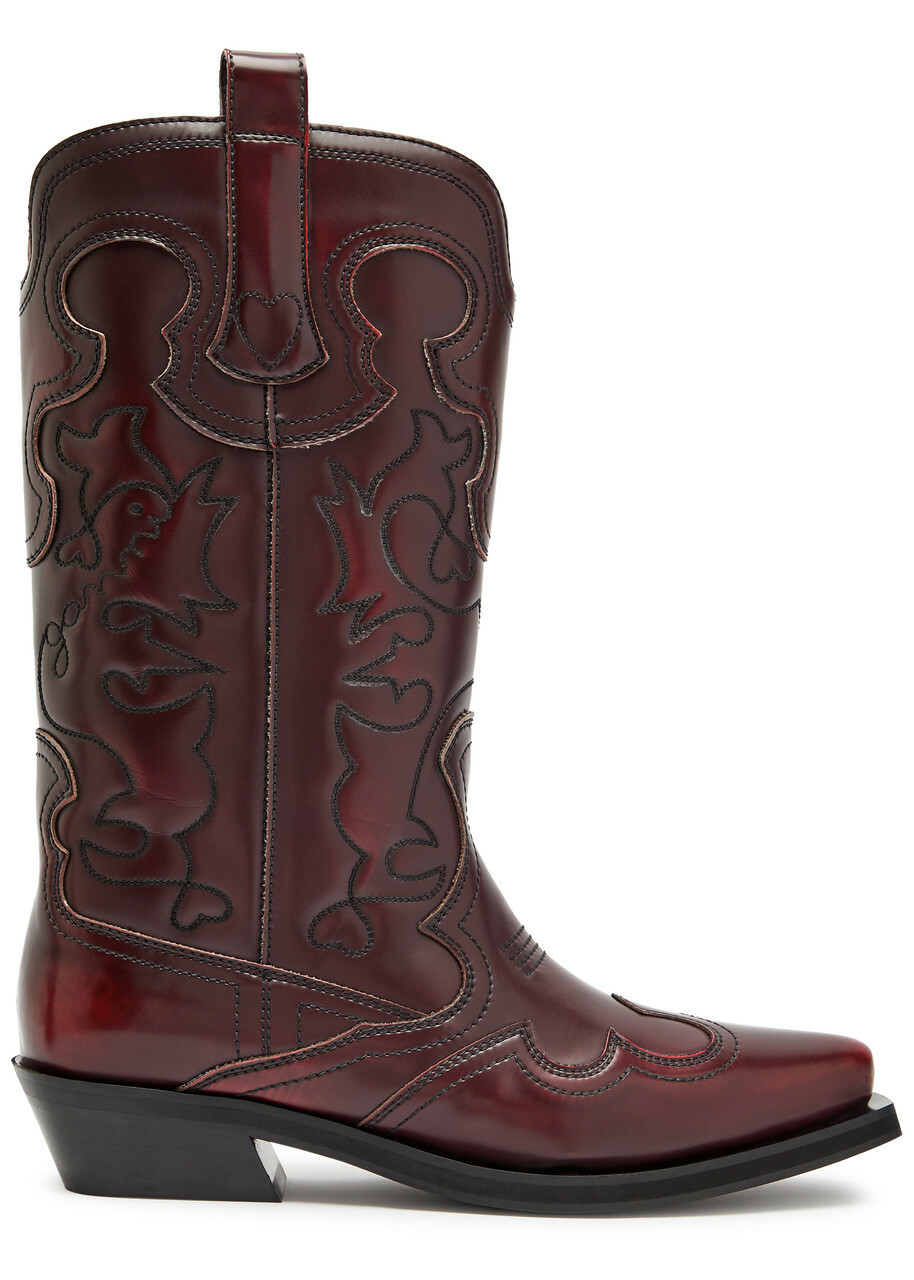 Ganni Embroidered Faux Leather Mid-calf Western Boots Burgundy